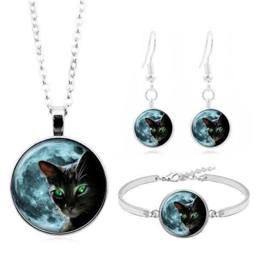 Moon Cat Jewelry Set Women Silver Black Cat Green Eyes Moon Goth Witchy 4pc NEW